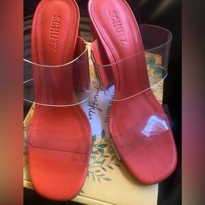 Schutz orange and clear block heel sandal 8.5